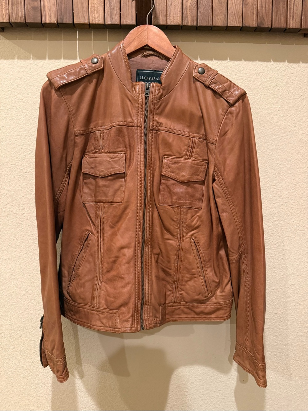 Lucky Brand Cognac Leather Zip-Up Jacket